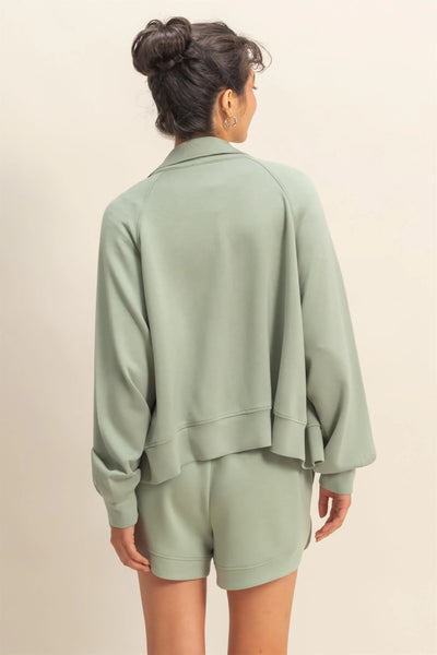 Sage Green High Neck Long Sleeve Zippered Jacket