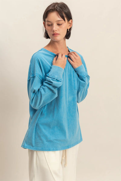 Ocean Blue Oversized Washed Long Sleeve Pocket Tee