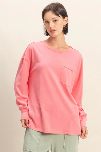 Taffy Pink Oversized Washed Long Sleeve Pocket Tee