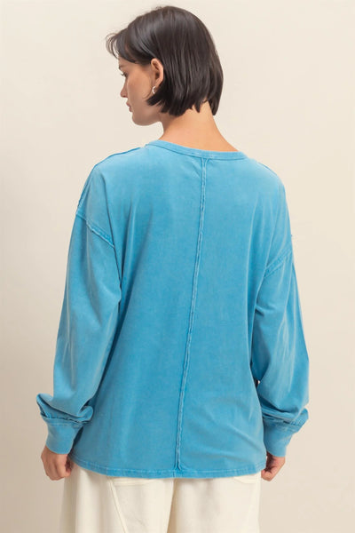 Ocean Blue Oversized Washed Long Sleeve Pocket Tee