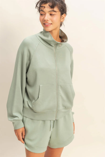 Sage Green High Neck Long Sleeve Zippered Jacket