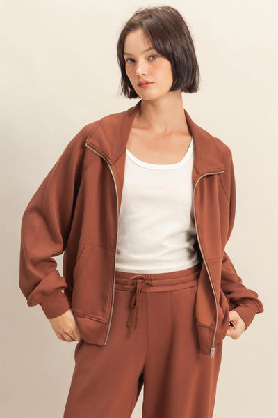 Chestnut High Neck Long Sleeve Zippered Jacket