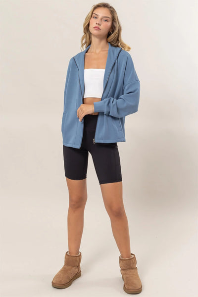 Grey Blue High Neck Zip-Up Jacket