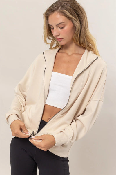 Cream High Neck Zip-Up Jacket