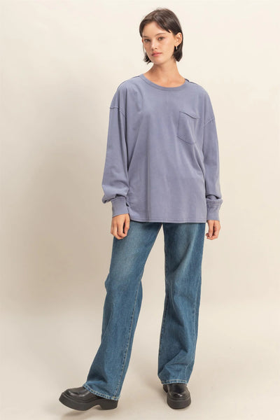 Dusty Indigo Oversized Washed Long Sleeve Pocket Tee
