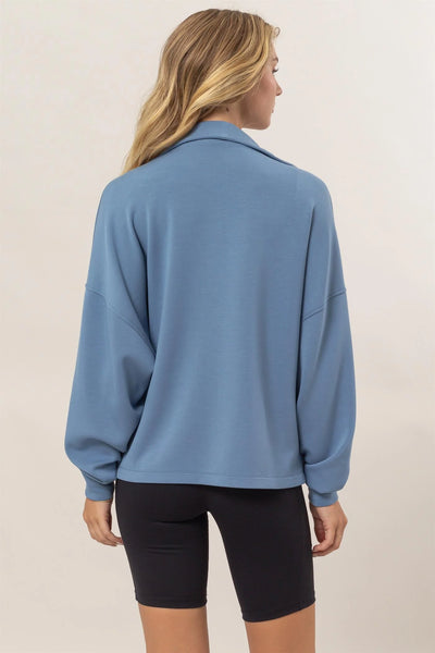 Grey Blue High Neck Zip-Up Jacket