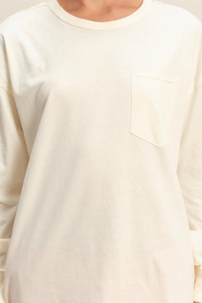 Cream Oversized Washed Long Sleeve Pocket Tee