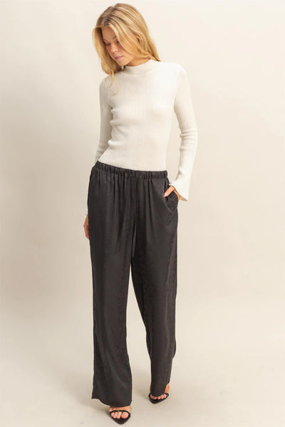 Black Leopard Print Wide-Leg Drawstring Pants