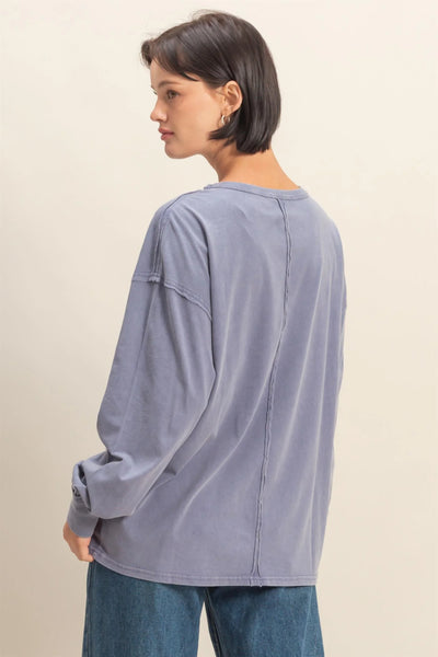 Dusty Indigo Oversized Washed Long Sleeve Pocket Tee