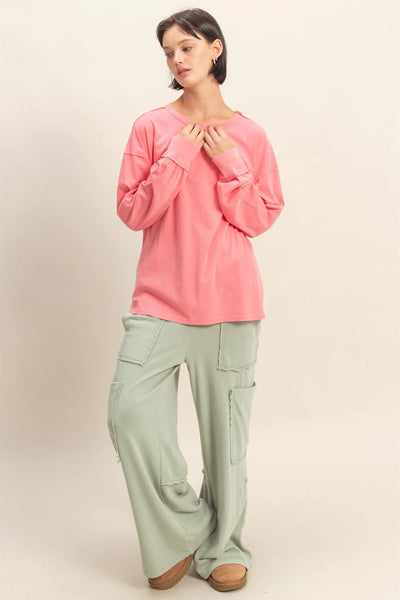 Taffy Pink Oversized Washed Long Sleeve Pocket Tee