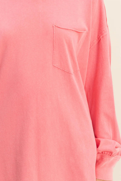 Taffy Pink Oversized Washed Long Sleeve Pocket Tee