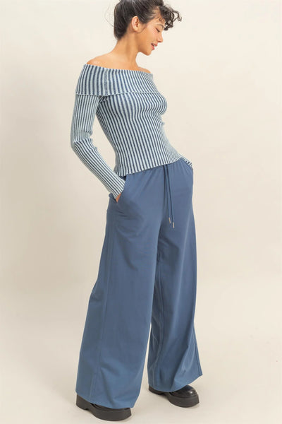 Dusty Navy Cotton Wide Leg Pants