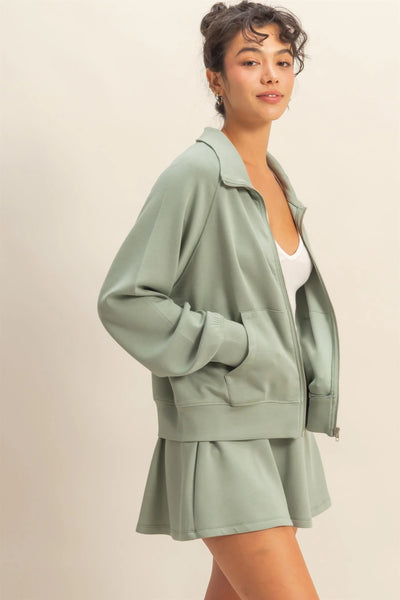 Sage Green High Neck Long Sleeve Zippered Jacket