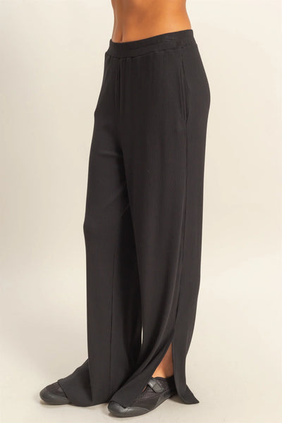 Black Ribbed Wide Leg Pants