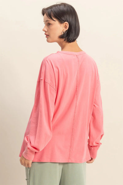 Taffy Pink Oversized Washed Long Sleeve Pocket Tee
