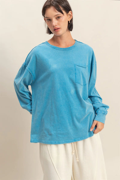 Ocean Blue Oversized Washed Long Sleeve Pocket Tee