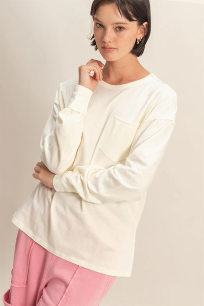 Cream Oversized Washed Long Sleeve Pocket Tee