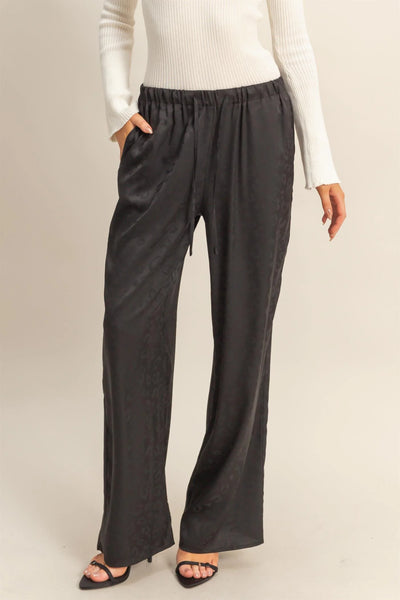 Black Leopard Print Wide-Leg Drawstring Pants