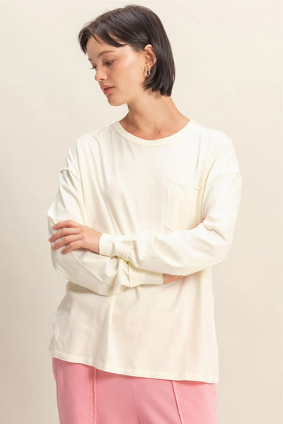 Cream Oversized Washed Long Sleeve Pocket Tee