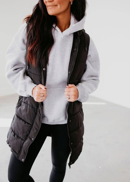 Black Polar Fleece Lined Long Puffer Vest