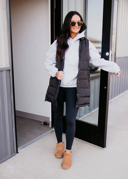 Black Polar Fleece Lined Long Puffer Vest