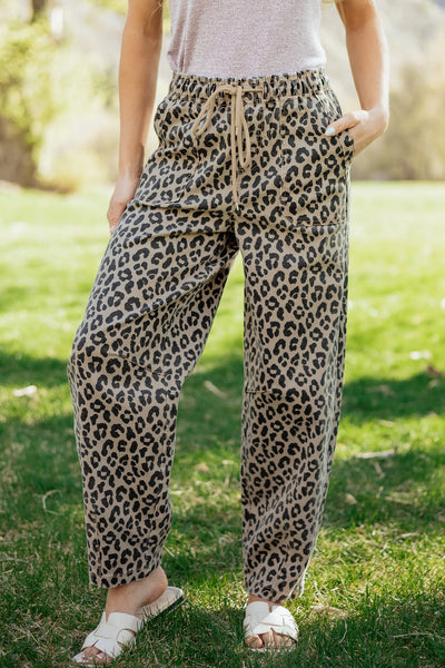 Mocha Leopard Drawstring Denim Pants